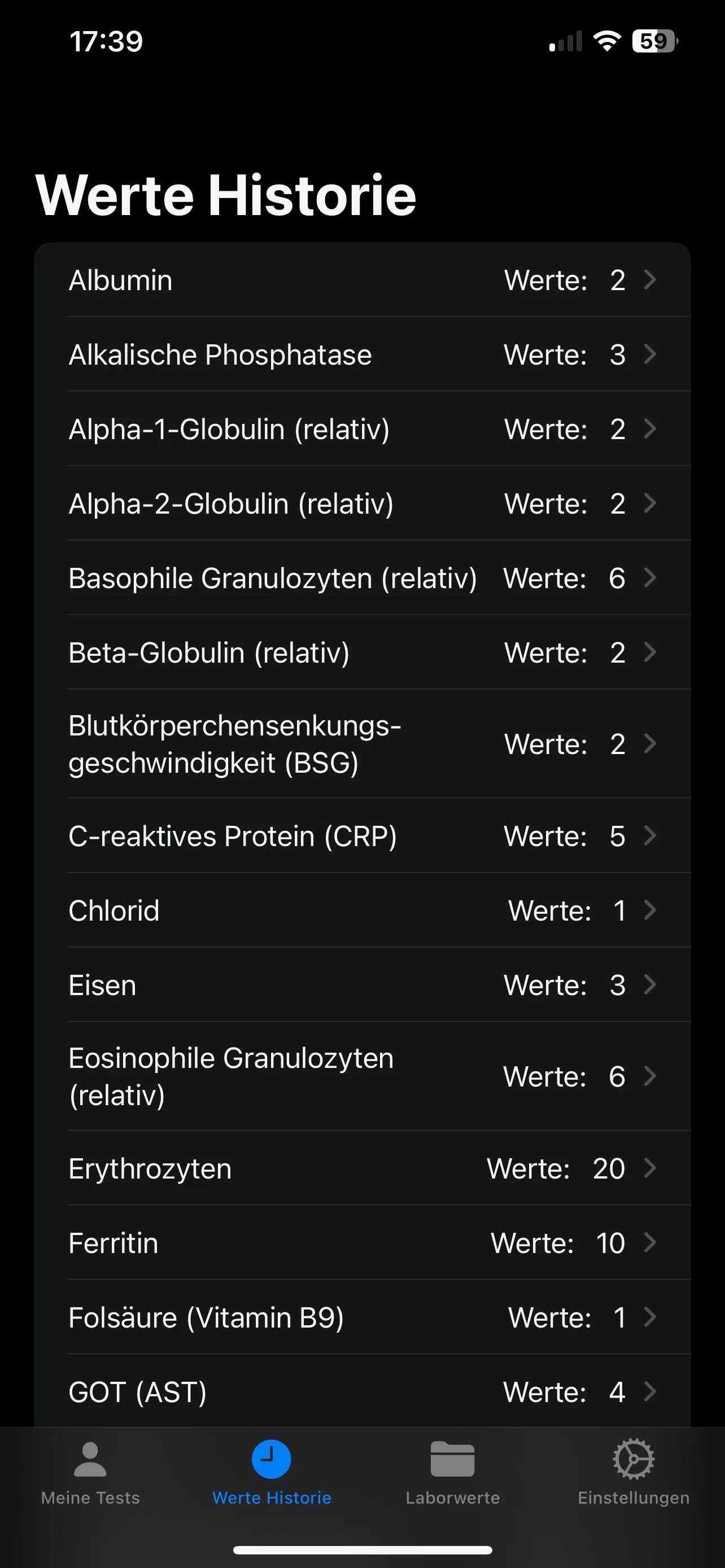 Werte-Historie: alphabetische Liste aller erfassten Laborwerte mit der Anzahl vorhandener Messungen